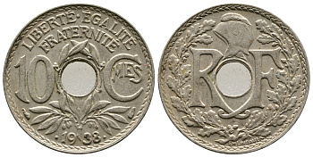 ФРАНЦИЯ 10 САНТИМОВ 1938 ТИП ЛИНДАЙЁ .1938. KM 889.1, LE FRANC 139.3 никель бронза 4364-1342