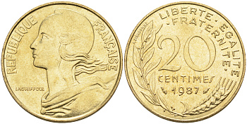 Франция 20 сантимов 1987 тип Марианна KM 930 медь алюминий никель 4116-543