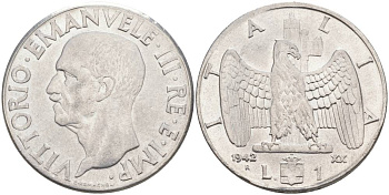 ИТАЛИЯ 1 ЛИРА 1942 R, ГОД XX, ВИКТОР ЭММАНУИЛ III (1900-1946) KM 77b, VEM3. 1102 нержавеющая сталь 3855-431