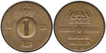 Швеция 1 эре 1968 U, Густав VI Адольф (1950-1973) KM 820 бронза 201-1158