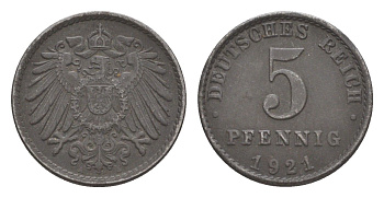 Германия 5 пфеннигов 1921 A KM 19, J. 297 железо плакированное цинком 4644-1124