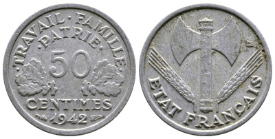 ФРАНЦИЯ 50 САНТИМОВ 1942 ТИП FRANCISQUE, LOURDE, ПРАВИТЕЛЬСТВО ВИШИ KM 914.1, LE FRANC 195.2 алюминий 179-314