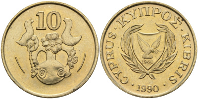 Кипр 10 центов 1990 KM 56.2 никель латунь 4141-1153