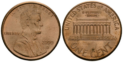 США 1 цент 2000 D, Линкольн KM 201b цинк плакированный медью 4136-365