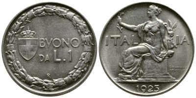 ИТАЛИЯ 1 ЛИРА 1923 R, ВИКТОР ИМАНУИЛ III KM 62 никель 51-1531