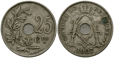 Бельгия 25 сантимов 1927 Belgique KM 68 медно-никель 4165-534