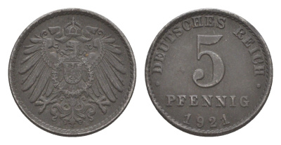 Германия 5 пфеннигов 1921 A KM 19, J. 297 железо плакированное цинком 4644-1124