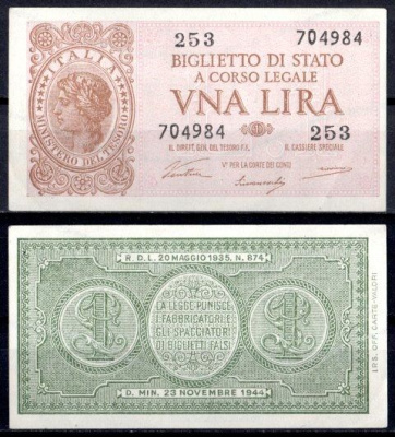 Италия 1 лира 1944 Pick 29 a бумага UNC (пресс) 8621-12-2-1