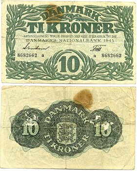 Дания 10 крон 1945 серия a Pick 37 a  бумага   7221-18-3-2