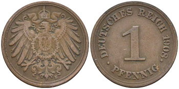 ГЕРМАНИЯ 1 ПФЕННИНГ 1908 Е KM 10, J. 10 медь 201-926