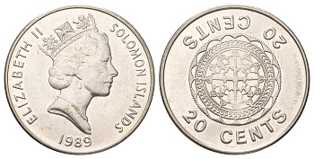 Соломоновы Острова 20 центов 1989 KM 28 сталь плакированная никелем UNC 4624-117
