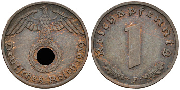 Германия 1 рейхспфенниг 1939 F KM 89, J 361 бронза 4136-1213