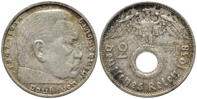 Германия 2 рейхсмарки 1938 В, Гинденбург, символика KM 93, J.366 серебро 4577-526