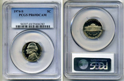 США 5 центов 1974 S, президент Джеферсон, в слабе PCGS PR69CAM KM А192 медно-никель PROOF 15-002-16