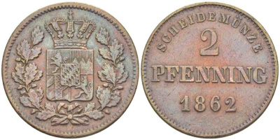 Бавария 2 пфеннига 1862 Максимилиан II (1848-1864) KM 472 медь 201-1027