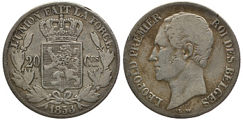 БЕЛЬГИЯ 20 САНТИМОВ 1853 BELGES, W PERIODS KM 19 серебро 3896-925