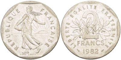 ФРАНЦИЯ 2 ФРАНКА 1982 СЕЯТЕЛЬ KM 242.1, LE FRANC 272.6 никель 217-1117