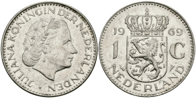 Нидерланды 1 гульден 1969 Юлиана (1948-1980) KM 184а никель 94-622