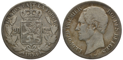 БЕЛЬГИЯ 20 САНТИМОВ 1853 BELGES, W PERIODS KM 19 серебро 3896-925