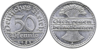 ГЕРМАНИЯ 50 ПФЕННИГОВ 1921 A KM 27, J. 301 алюминий 24-1037