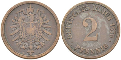 ГЕРМАНИЯ 2 ПФЕННИГА 1876 A, СТАРОГЕРБОВКА KM 2, J. 2, Weege 3 медь 212-843