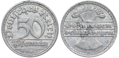 Германия 50 пфеннигов 1922 D KM 27, J. 301 алюминий 4159-1017