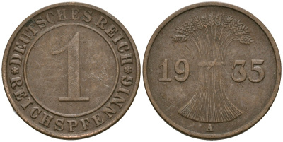 Германия 1 рейхспфенниг 1935 A KM 37, J. 313 бронза 4528-429