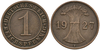 Германия 1 рейхспфенниг 1927 F KM 37, J. 313 бронза 4124-563