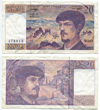 Франция 20 франков 1991 signatures: Bruneel / Dentaud / Charriau, Клод Дебюсси Pick 151е бумага 7215-9-3-1