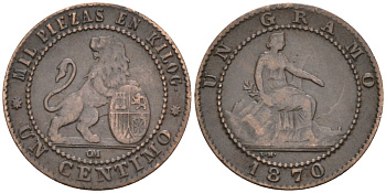 Испания 1 сентимо 1870 ОМ, временное правительство (1869-1874) KM 660 медь 4576-334