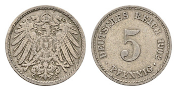 Германия 5 пфеннигов 1902 A, Вильгельм II (1888-1918) KM 11, J. 12 медно-никель 4632-1245