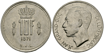 Люксембург 10 франков 1971 Великий герцог Жан (1964-2000) KM 57 никель 4120-825
