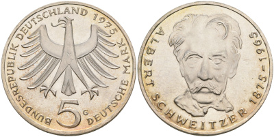 ФРГ 5 марок 1975 G, 100 лет со дня рождения Альберта Швейцара KM 143, J.418 серебро UNC 75-316
