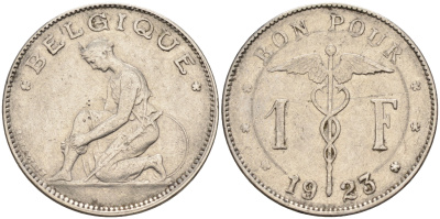 Бельгия 1 франк 1923 Belgique, Альберт I (1909-1934) KM 89 никель 4592-514