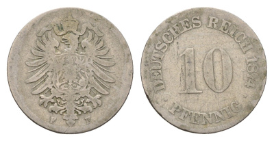 Германия 10 пфеннигов 1874 F, Вильгельм I (1871-1888) KM 4, J. 4 медно-никель 4636-532