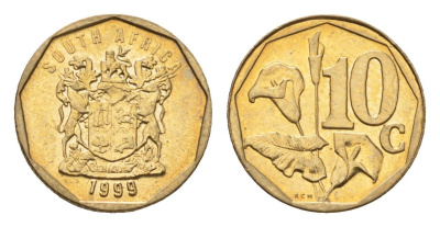 ЮАР 10 центов 1999 герб, цветок алоэ KM 161 сталь плакированная бронзой UNC 4694-755