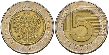 Польша 5 злотых 1996 MW KM 284 биметалл 93-444