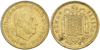 ИСПАНИЯ 1 ПЕСЕТА 1966 (73) ФРАНСИСКО ФРАНКО ДИКТАТОР ИСПАНИИ (1939-1975) KM 796 алюминиевая бронза 4551-616