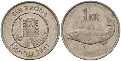 Исландия 1 крона 1981 треска KM 27 медно-никель 4156-326