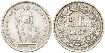 ШВЕЙЦАРИЯ 1/2 ФРАНКА 1962 В KM 23 серебро 39-1165