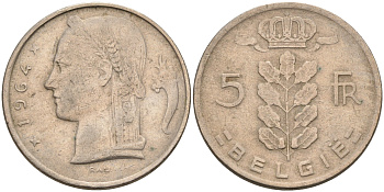 БЕЛЬГИЯ 5 ФРАНКОВ 1964 BELGIE KM 135.1 медно-никель 92-417