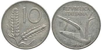 ИТАЛИЯ 10 ЛИР 1954 R, КОЛОСЬЯ, ПЛУГ KM 93 алюминий VG 4182-522