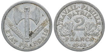 Франция 2 франка 1943 правительство Виши KM 904.1, Le Franc 270.2 алюминий 4163-651