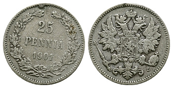 РОССИЯ ДЛЯ ФИНЛЯНДИИ 25 ПЕННИ 1901 L, НИКОЛАЙ II KM 6.2, Биткин 412 серебро 4383-451