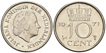 Нидерланды 10 центов 1971 Юлиана (1948-1980) KM 182 никель  4602-532