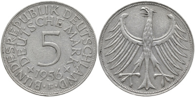 ФРГ 5 марок 1956 F KM 112.1, J. 387 серебро 1526-121