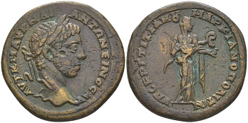 Римская Империя, Провинция Нижняя Мезия, Маркианополь АЕ 218 - 222 Элагабал, бюст императора / Гигиэя, богиня Здоровья, 10,80 гр Varbanov 1438 медь 1073-22-23