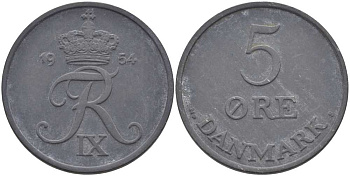 ДАНИЯ 5 ЭРЕ 1954 N; S, ФРЕДЕРИК IX (1947-1972) KM 843.1 цинк 38-412