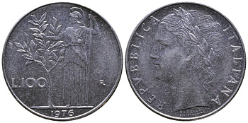 ИТАЛИЯ 100 ЛИР 1976 R, АФИНА KM 96.1 нержавеющая сталь 3334-946