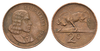 ЮАР 2 цента 1966 Ян ван Рибек (1619-1677), Suid Africa, легенда на африкаанс, антилопа гну KM 66.2 бронза 4121-1246